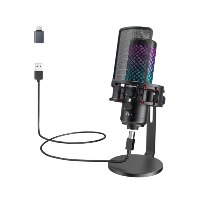 ZealSound BKD-12A PRO Microphone USB for Ps4 iPhone Ps5 Phone PC,Metal Microphones with Quick Mute,RGB Indicator,Pop Filter,Shock Mount,Gain Control for Podcast